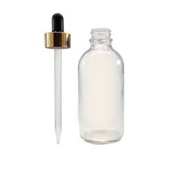 dropper bottle, clear glass, gold pipette lid